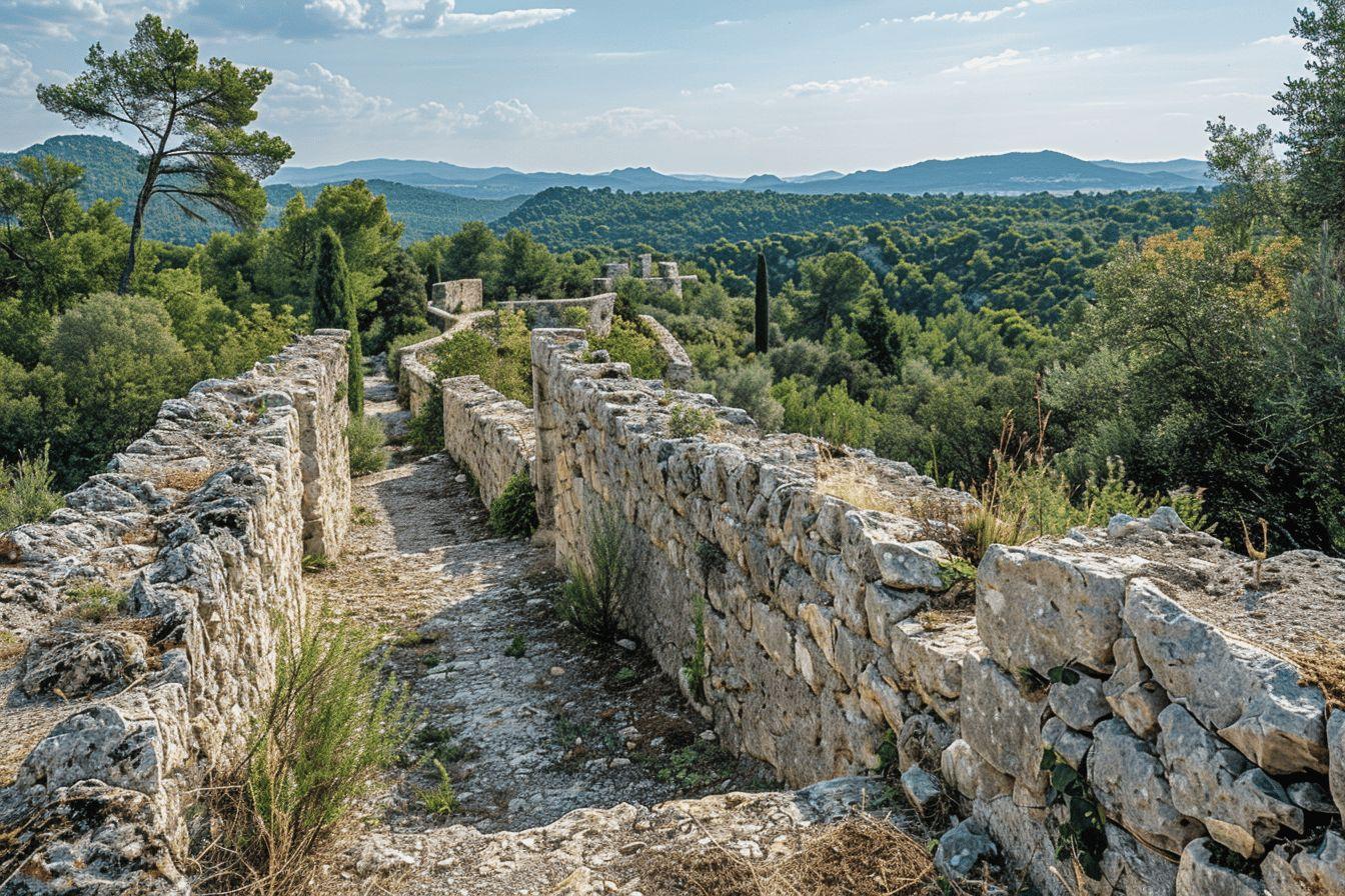 Chemin sinueux entre deux murs de pierre dans un paysage montagneux verdoyant